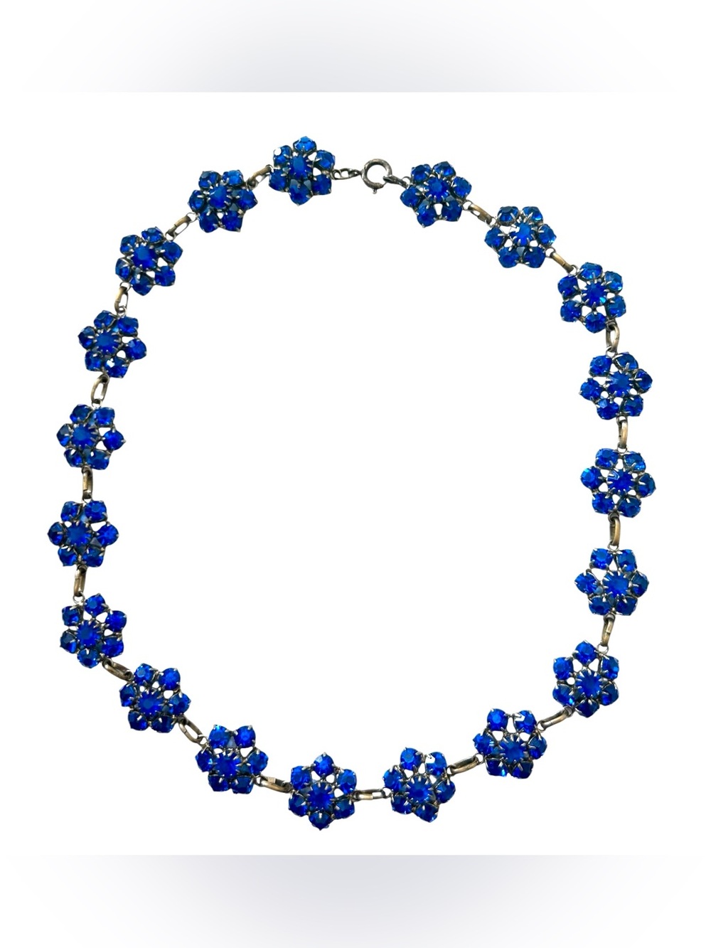 Antique Czech Blue Glass Sterling Silver Flower Necklace